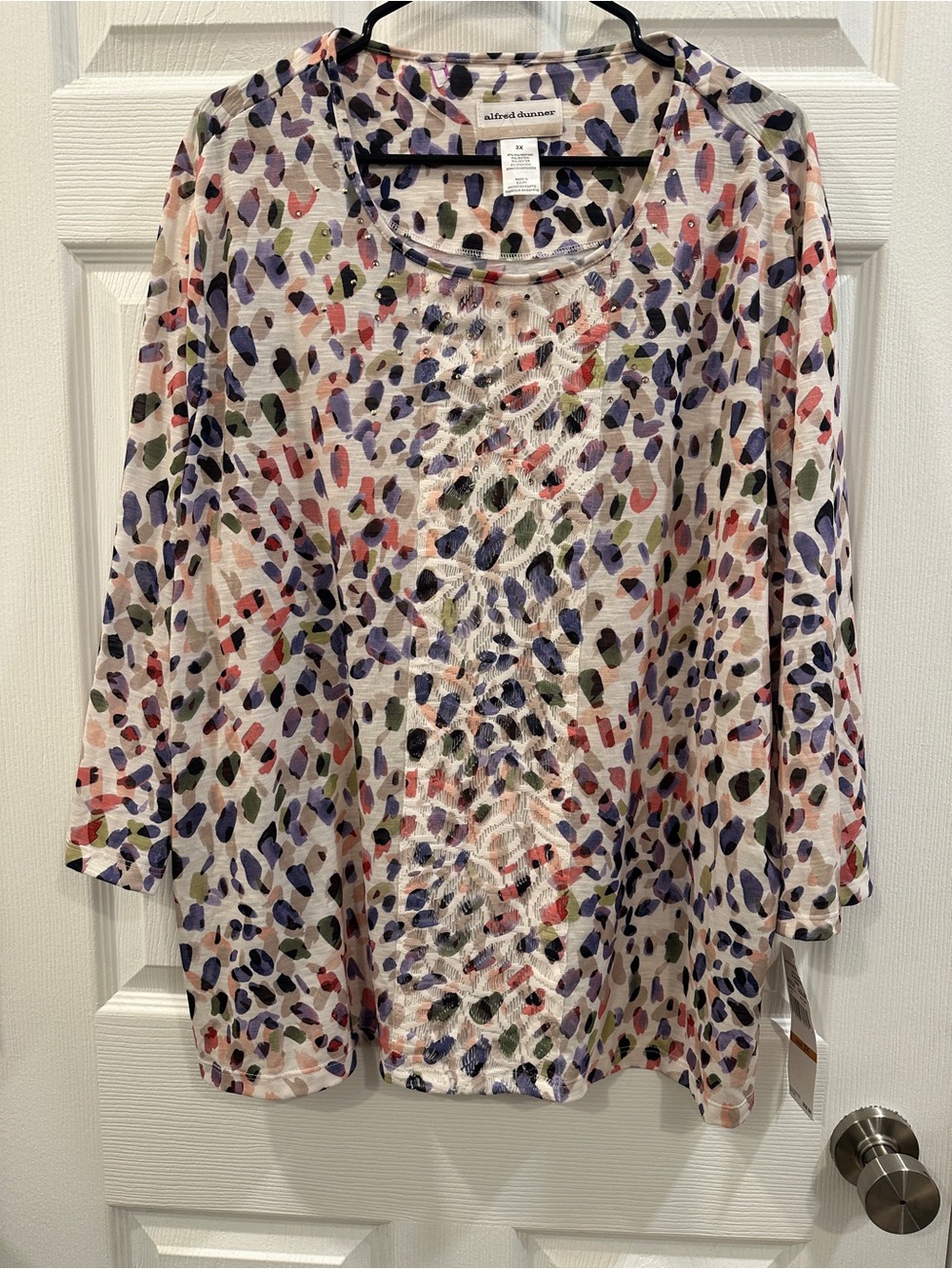 Alfred Dunner Lace Front Studded 3/4 Sleeve Multicolor Abstract Blouse Size 3X